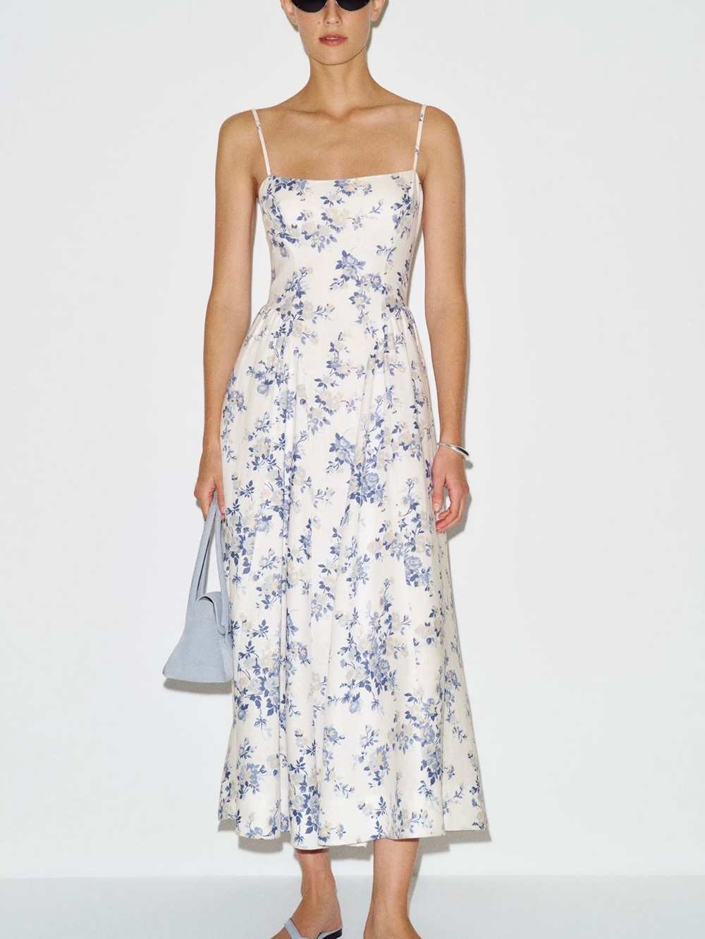 Neri Reformation Cream Midi Dress with Blue Floral Print